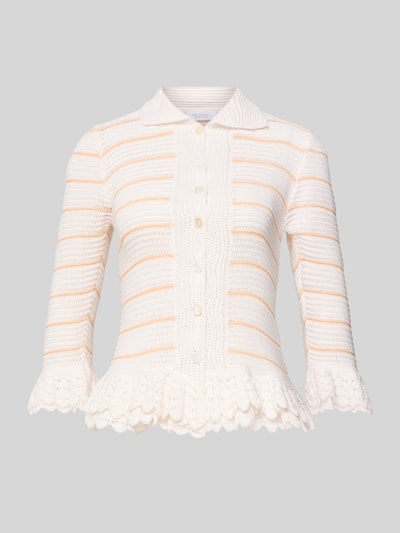 Produktfoto, Strickjacke mit Umlegekragen von Rich & Royal, cremefarben mit Streifen und Rüschen, Baumwoll-Mix, Lochmuster, Slim-Fit