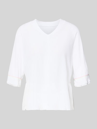 Produktfoto, T-Shirt mit V-Ausschnitt und 3/4-Arm von Marc Cain aus Baumwoll-Elasthan-Mix in Weiß, Relaxed-Fit, Rückenlänge 60 cm, Damen T-Shirt