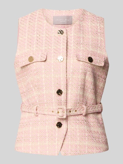 Produktfoto, Weste in Bouclé-Optik mit Gürtel von Christian Berg Woman Selection aus Baumwoll-Viskose-Mix in zartem Rosa, goldene Knöpfe, Regular-Fit, Rundhalsausschnitt, strukturierte Textur, zwei aufgesetzte Taschen.
