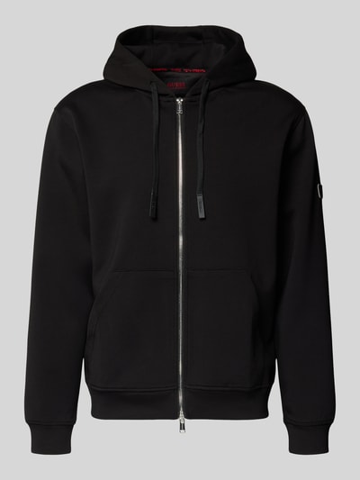 Productfoto, Sweatjacke mit Reißverschluss van Guess, zwart, katoenmix, losjes fit, capuchon, tunnelkoord, rits, steekzakken, geribde boorden
