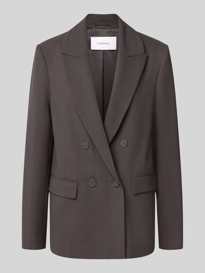 Produktfoto, Oversized Blazer mit Reverskragen von COMMA in dunklem Grau, doppelte Knopfleiste, Pattentaschen, strukturierte Oberfläche, Damen Blazer, Oversized Fit, Rückenlänge 69 cm, Brustweite 51 cm, Ärmellänge 63 cm