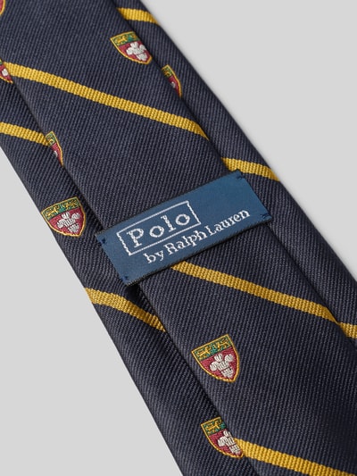 Produktfoto, Krawatte aus reiner Seide von Polo Ralph Lauren, dunkelblau mit gelben Streifen und kleinen Schildmotiven, feine Struktur