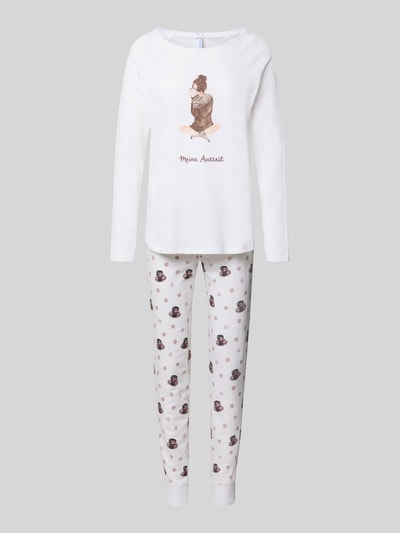 Produktfoto, Regular Fit Pyjama aus reiner Baumwolle Modell 'Meine Auszeit' von LOUIS & LOUISA, weiß mit Motiv-Print und Statement-Stitching, Langarmshirt, Hose mit Allover-Muster, Damen Pyjama