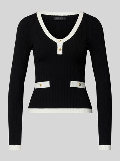 Produktfoto, Slim Fit Longsleeve aus Viskose-Mix Modell 'Laurel' von Guess im Strick-Optik, Zierknöpfe, Rundhalsausschnitt, schwarz-weiß