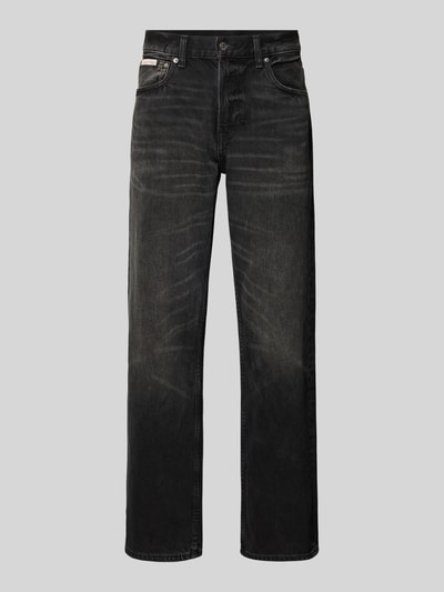 Produktfoto, Jeans mit 5-Pocket-Design von Calvin Klein Jeans, schwarze Baumwolle, gerader Schnitt, sichtbare Waschung, Label-Detail