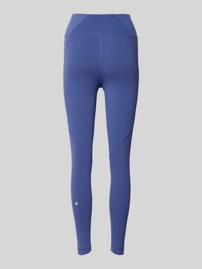 Produktfoto, Slim Fit Leggins mit Logo-Print Modell 'Bliss' von Salomon im elastischer Material-Mix, blauer Ton, breiter Bund, Rückansicht