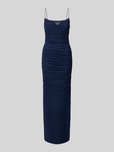 Produktfoto, Abendkleid mit Raffungen und Spaghettiträgern von Hey Kyla in Dunkelblau, Maxikleid aus Chiffon, gerader Schnitt, glatte Textur