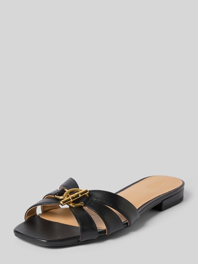 Produktfoto, Pantoletten aus echtem Leder Modell 'BLAIKE SLIDE' von Lauren Ralph Lauren w czarnej skórze, kwadratowy nosek, blokowy obcas, metaliczne akcenty, tłoczony label, skórzana struktura, otwarty fason, skórzana podeszwa