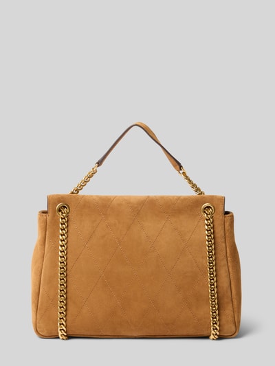 Produktfoto, Crossbody Bag mit Tragehenkel von Tory Burch in hellem Braun mit Steppnähten, goldfarbene Gliederkette, elegante Textur, Hauptfach mit Überschlag, Innenfach mit Reißverschluss, Maße ca. 29x21x11 cm