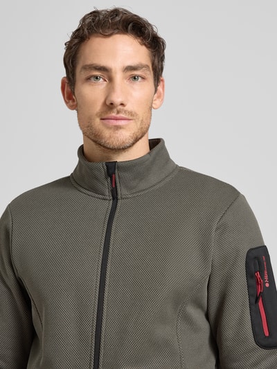 Mannenmodel draagt Regular Fit fleecejack met opstaande kraag model 'BREDSTEDT' van Icepeak, ritssluiting, steekzakken, elastisch, nahaufnahme bovenlichaam.