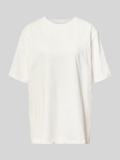 Produktfoto, Oversized T-Shirt mit Rundhalsausschnitt Modell 'Midsummer' von OH APRIL, Damen T-Shirt aus Reine Baumwolle, weiße Farbe, glatte Struktur, Rückenlänge bei Größe S: 70 cm