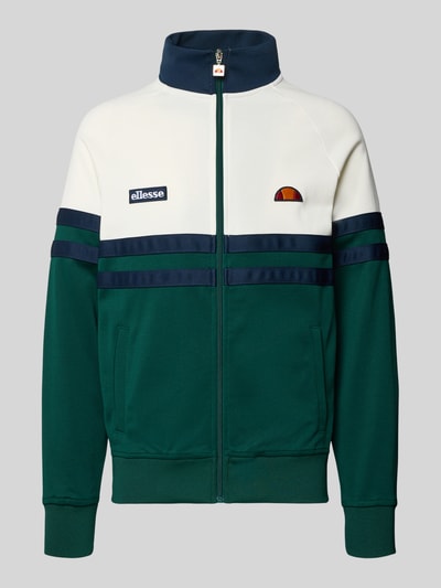 Produktfoto, Sweatjacke aus Baumwoll-Mix Modell 'RIMINI' von Ellesse, grün-weiß mit Stehkragen, Reißverschluss, Label-Details, glatte Struktur
