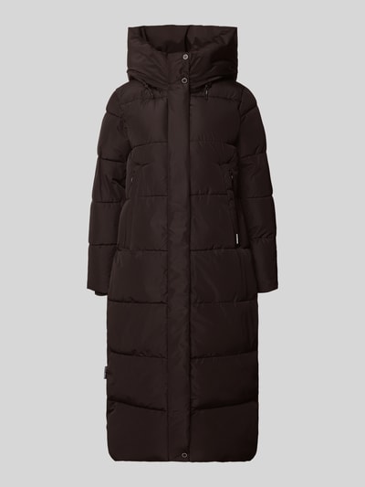 Produktfoto, Regular fit lange jas in stiksels Model 'SOULANI' van khujo, zwart, capuchon met opstaande kraag, steekzakken, maat S: ruglengte 117 cm, schouderbreedte 43 cm, borstwijdte 50 cm, mouwlengte 62 cm