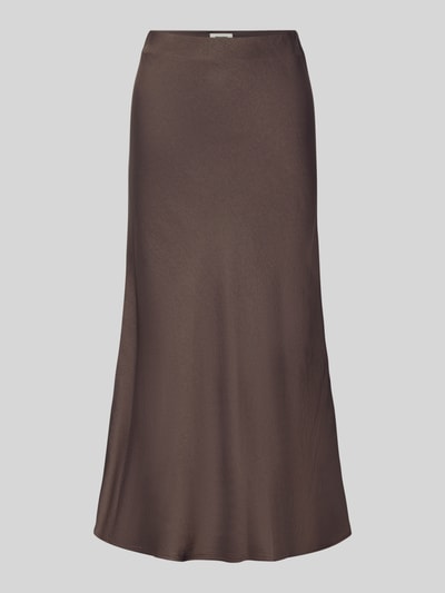 Produktfoto, brauner glänzender Midirock aus Satin Modell 'URA' von DRYKORN, A-Linie, elastischer Bund, glatte Textur, frische Ansicht