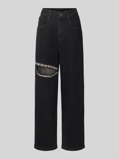 Produktfoto, schwarze Straight Fit Jeans mit Cut Out, Ziersteinbesatz, 5-Pocket-Design aus Baumwoll-Elasthan-Mix, Straight Fit Jeans mit Cut Out von Karo Kauer, Bundweite 38 cm, Innenbeinlänge 73 cm, Damen