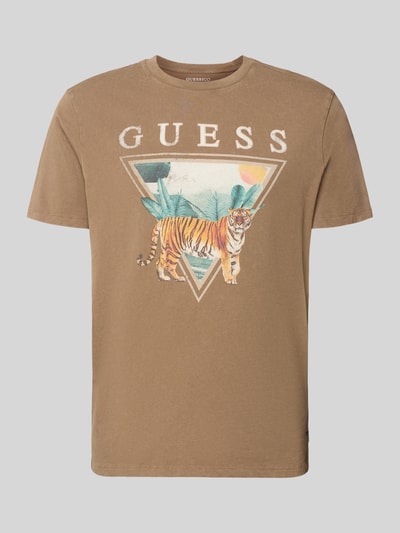Productfoto, T-Shirt met motiefprint model 'TIGER SPIRIT' van Guess, rechte fit, puur katoen, ronde hals, bruin met gekleurde details