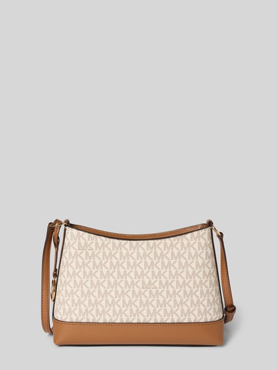 Produktfoto, torebka z wzorem z logo, model 'ANDIE' od MICHAEL Michael Kors, aplikacja z logo, pasek na ramię, beżowy i brązowy, główna przegroda z zamkiem błyskawicznym, szerokość w rozmiarze 1: 20 cm, długość w rozmiarze 1: 17 cm, głębokość w rozmiarze 1: 8 cm, długość paska na ramię w rozmiarze 1: 114 cm
