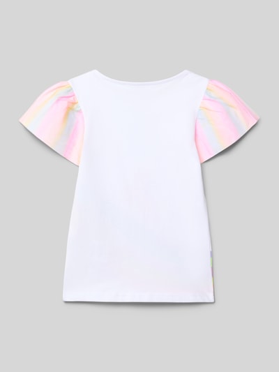 Produktfoto, T-Shirt mit Rundhalsausschnitt und Motiv-Print von Blue Seven in Weiß mit bunten Chiffon-Schmetterlingsärmeln, reine Baumwolle, gerader Schnitt, Rückenlänge Größe 116: 42 cm