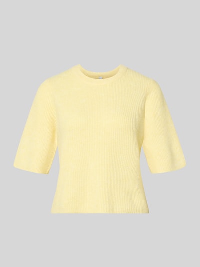 Produktfoto, Boxy Fit T-Shirt aus Rippstrick mit Woll-Anteil Modell 'SILLY' von Pieces in einfarbigem Gelb, kurzarm, Rundhals, strukturierte Oberfläche.