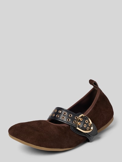 Produktfoto, Ballerinas mit Schnalle Modell 'Joy' von Blauer USA:, Dunkelbraun mit schwarzer Schnalle, abgerundete Passform, glatte Sohle, Absatzhöhe 1 cm, Damen