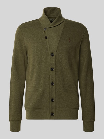 Produktfoto, Regular Fit Strickjacke aus Baumwoll-Mix von Polo Ralph Lauren in Olivgrün, sichtbare Knopfleiste und Logo-Stickerei.