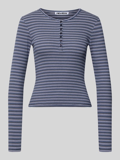 Produktfoto, Slim Fit Longsleeve mit Knopfleiste van Review in elastische katoenmix, ronde hals, blauw-wit gestreept, ruglengte 50 cm, dames