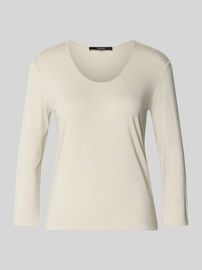 Produktfoto, Longsleeve mit 3/4-Arm Modell 'Kirosa Fine' von Someday in Beige, glatte Viskose-Elasthan-Textur, Regular Fit, Rundhalsausschnitt. Damen Longsleeve, Rückenlänge 54 cm bei Größe 36.