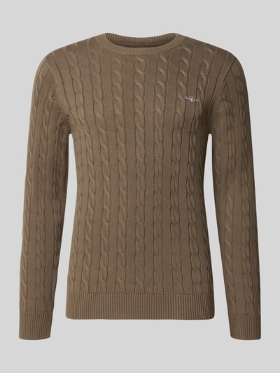 Produktfoto, Regular Fit Pullover aus reiner Baumwolle von GANT in Braun mit Zopfmuster-Struktur, feine Stricktextur, Herren Pullover