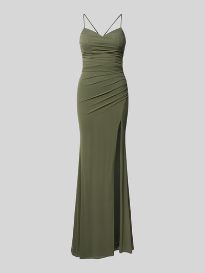 Produktfoto, Slim Fit Abendkleid mit Gehschlitz von Luxuar w oliwkowej zieleni, marszczenia, wiązanie, cienkie ramiączka, długość tyłu 141 cm, szerokość w rozmiarze 36: 29 cm