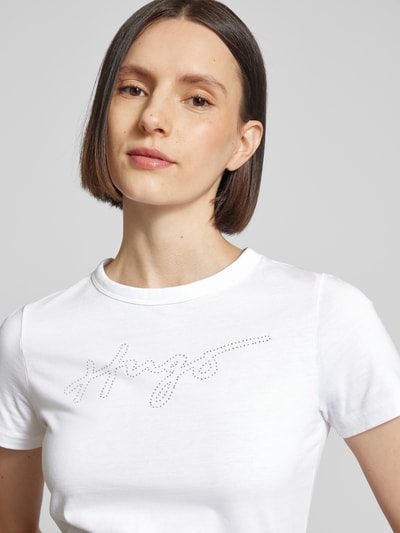 HUGO T-shirt z obszyciem kamieniami stras model ‘Deloris’ Biały 3