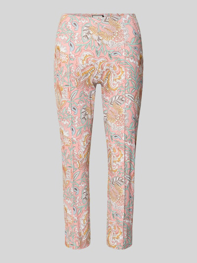 Produktfoto, Caprihose im Allover-Look von SEDUCTIVE, Slim Fit, Material-Mix mit Stretch, florales Muster auf rosafarbenem Grund, Längsnähte.