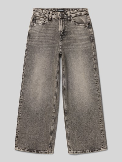 Produktfoto, Wide Fit Jeans met logo-patch Model 'Dave' van JACK & JONES, puur katoen, 5-pocketmodel, knoop- en ritssluiting, bandwijdte maat 140: 33 cm, binnenbeenlengte maat 140: 61 cm, kinderjeans, grijze denim, lichte used-wassing, rechte pijpen, grove textuur