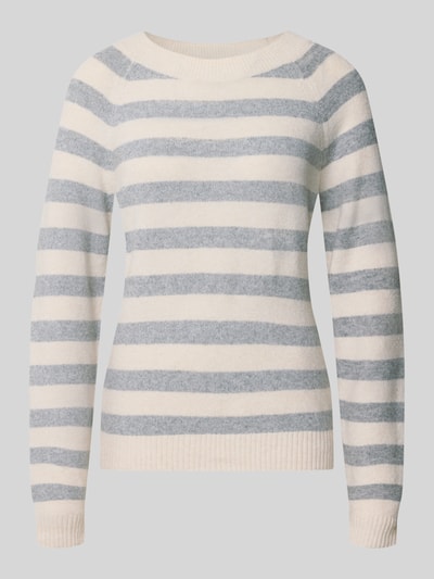 Produktfoto, cremefarbener und grauer Streifenstrick aus Baumwollmix, weiche Textur, Regular Fit Pullover mit Streifen Modell 'DOFFY' von VERO MODA