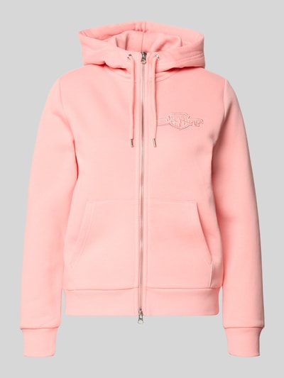 Productfoto, Sweatjacke met tweewegritssluiting en label-stitching van Gant in roze katoenmix, regular fit, capuchon met tunnelkoord, kangoeroezak