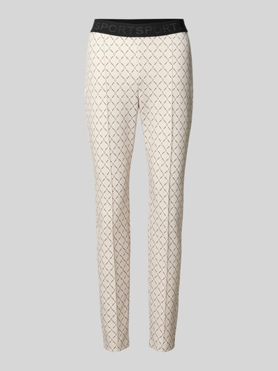 Produktfoto, Slim Fit Hose mit Logo-Muster von Marc Cain, Material-Mix mit Stretch-Anteil, heller Grundton, schwarze Längsnähte, elastischer Bund, Damen, Regular Waist, Bundweite bei Größe 36: 37 cm, Innenbeinlänge 76 cm, feine Struktur.