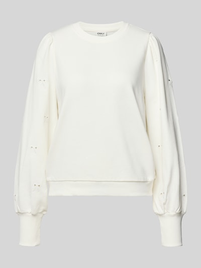 Produktfoto, Regular Fit Sweatshirt aus Baumwoll-Mix Modell 'FEMME' von Only, Optik: Unifarben, Lochstickdetails an den Ärmeln, Ballonärmel, gerippte Abschlüsse, Materialverarbeitung: Sweat, Farbe cremeweiß, glatte Textur.