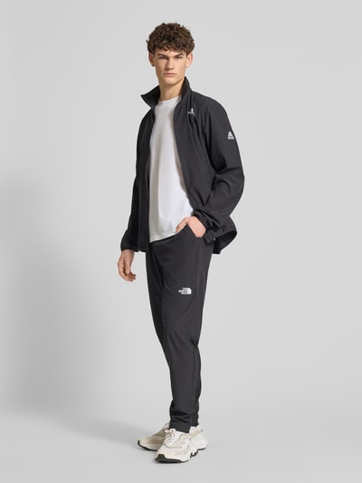 Männermodel trägt Trainingshose mit elastischem Bund und Logo von The North Face, Herren, Material-Mix mit Stretch-Anteil, Regular-Fit, Logo, schwarze Farbe, Innenbeinlänge bei Größe M: 78 cm, Ganzkörperansicht von vorne