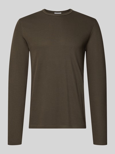 Produktfoto, Regular Fit Longsleeve aus reiner Baumwolle Modell 'Basic' von Lindbergh in Dunkelbraun, Rundhalsausschnitt, glatte Struktur
