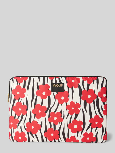 Productfoto, Laptoptas met logo-patch model 'Wildflower' van WOUF, hoofdvak met ritssluiting, allover dierenprint en bloemenprint, rood, zwart en wit, gladde textuur