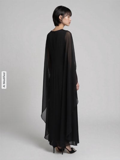 Frauenmodel trägt fließendes Abendkleid mit Cape-Detail von Lauren Ralph Lauren in Schwarz, sanfte Stoffstruktur, Ganzkörperansicht Rückansicht, KI-modifiziertes Bild.