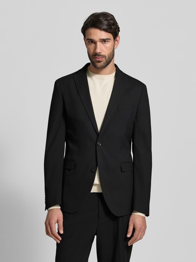 Männermodel trägt 2-Knopf-Sakko mit Reverskragen Modell 'Pure' von s.Oliver BLACK LABEL, unifarben, Ganzkörperansicht von vorne.