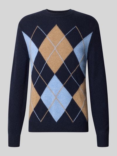 Produktfoto, Slim Fit Pullover aus reinem kasjmier in tricotlook van Christian Berg Men, donkerblauw met ruitpatroon in lichtblauw en camel, herenpullover met ronde hals, ruglengte maat M 70 cm, mouwlengte maat M 68 cm