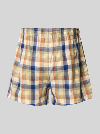 Produktfoto, Boxershorts mit elastischem Bund im 2er-Pack von Schiesser in kariertem Muster mit Blau, Orange und Beige, reine Baumwolle, Regular Fit