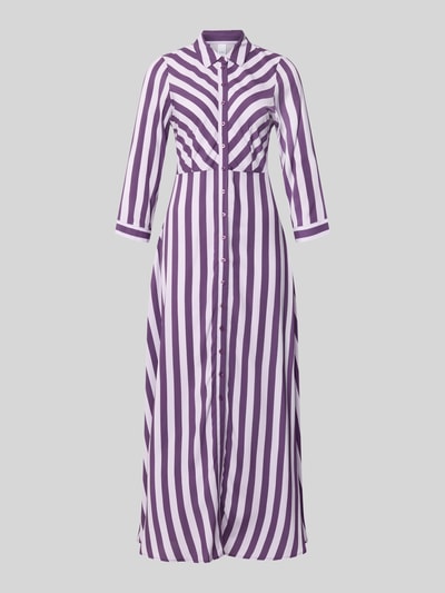 Produktfoto, Hemdblusenkleid aus Leinen Modell 'SAVANNA' von YAS, violett-weiße Streifen, Knopfleiste, 3/4-Arm, A-Linie, Maxilänge