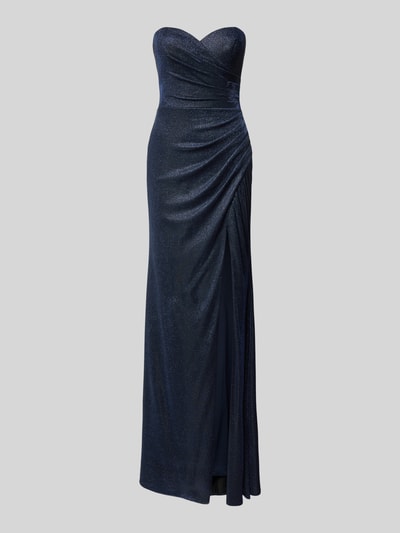 Produktfoto, Abendkleid im Off-Shoulder-Look mit Gehschlitz von LUXUAR FASHION in Dunkelblau, figurbetont mit Drapierungen, Maxikleid, glatte Textur.