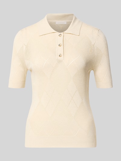 Produktfoto, Slim Fit Poloshirt mit Knopfleiste Modell 'MELODY' von GUESS, Damen Strickshirt aus Material-Mix mit Woll-Anteil, cremefarbene Rautenstruktur