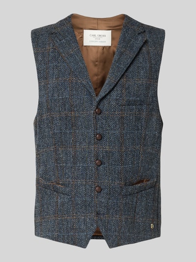 Produktfoto, blauwe en bruine Weste aus Schurwolle mit Brustleistentasche Modell 'Warner' van Carl Gross in regular fit met reverskraag, knoopsluiting, borstpaspelzak, zijpasplezakken, woltextuur