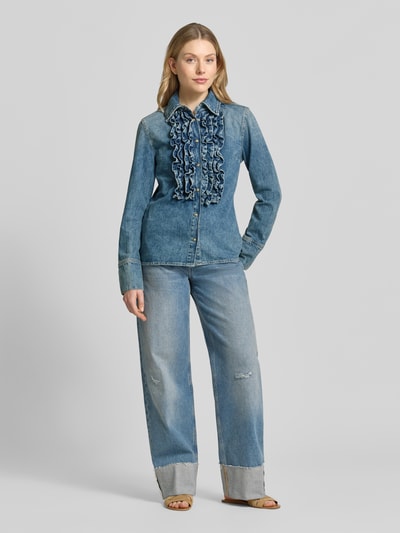 MANGO Hemdbluse in Denim-Optik mit Rüschenbesatz Modell 'Dulce' Jeansblau 1