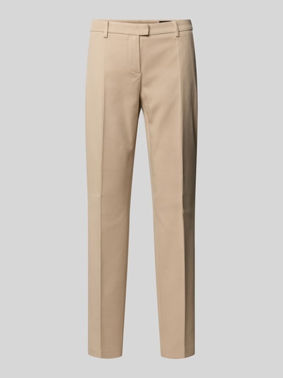 Produktfoto, gerade geschnittene beige Straight Fit Stoffhose mit Bügelfalten von Windsor, elastischer Baumwoll-Mix, Gesäßtaschen, Damenmode