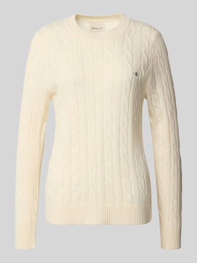 Gant Strickpullover mit Zopfmuster und Label-Stitching Offwhite 2